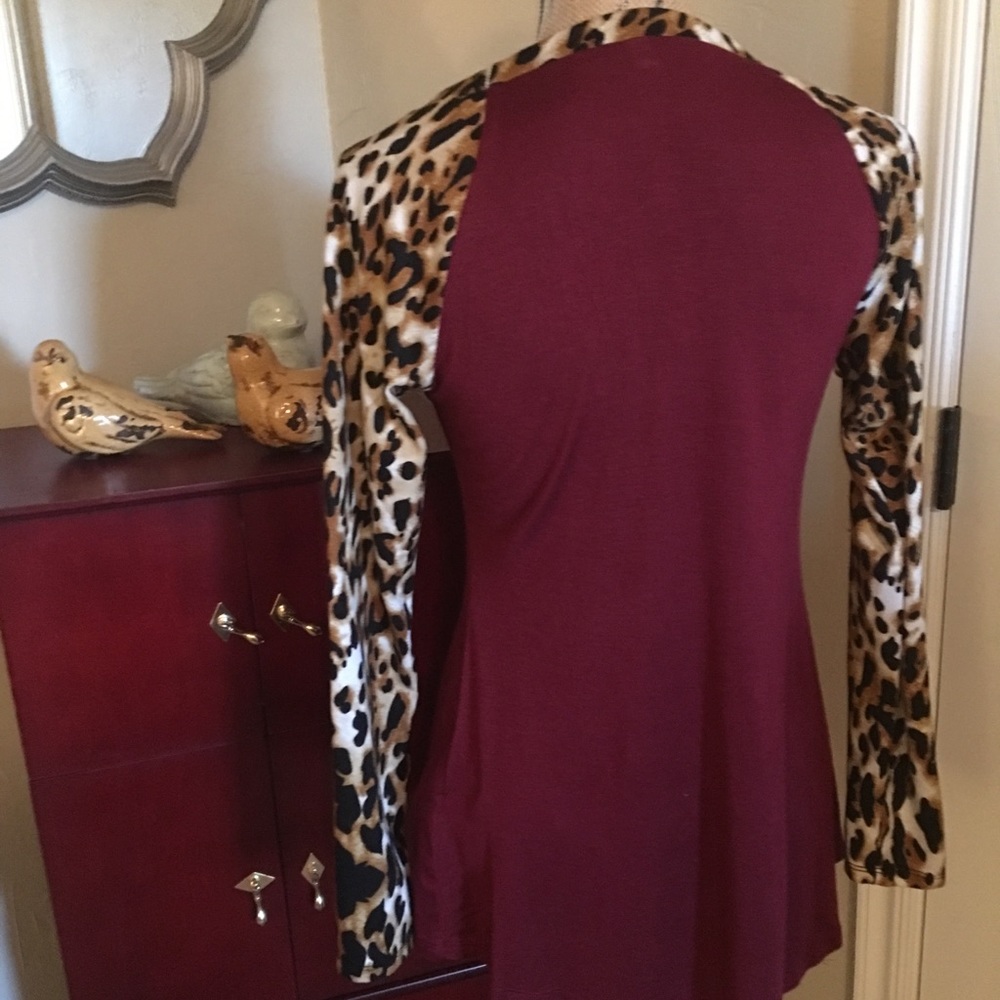Maroon Top with Animal Print Sleeves and Trim - Picture 3 of 5